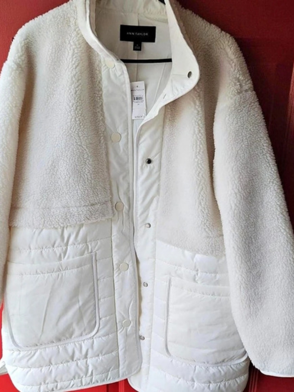 Ann Taylor Sherpa Mixed Media Puffer Coat White Medium
